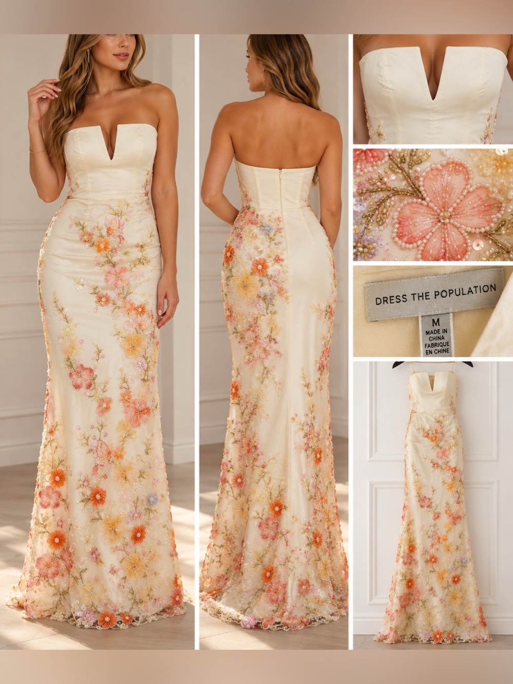 Dress The Population     Fernanda Floral Embellished Strapless Gown Ivory Size M